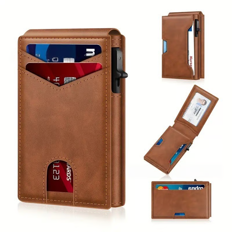 ✨Wallet - With Pop Up Aluminum Case Money Clip Slim Leather Slots Credit Card Holder RFID Blocking Bifold Minimalist Wallet