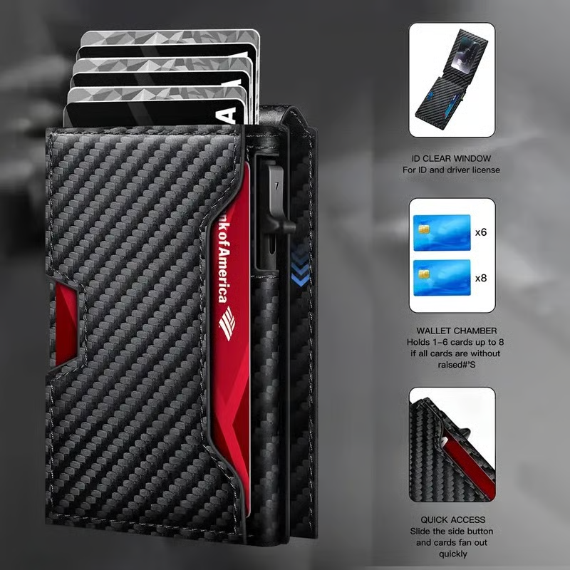 ✨Wallet - With Pop Up Aluminum Case Money Clip Slim Leather Slots Credit Card Holder RFID Blocking Bifold Minimalist Wallet